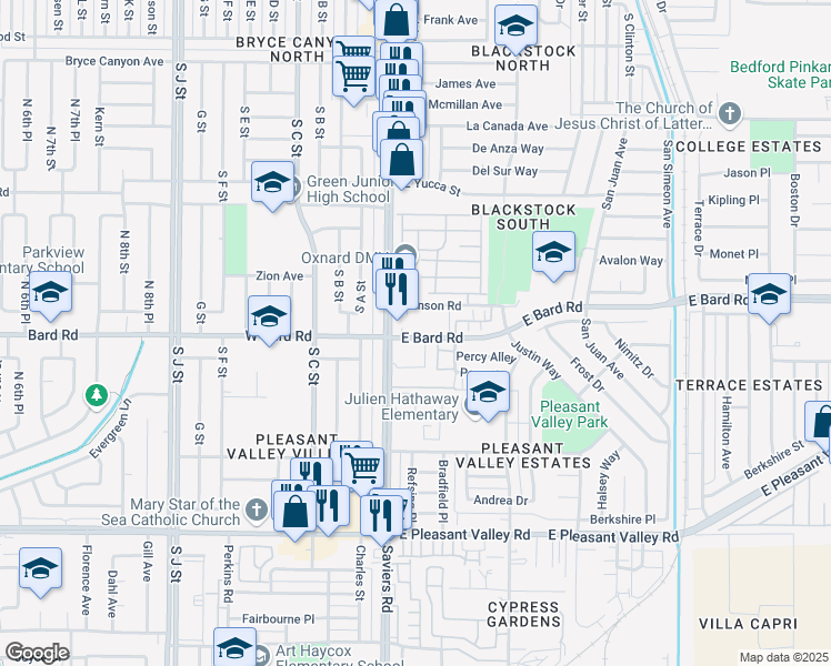 map of restaurants, bars, coffee shops, grocery stores, and more near 150 East Bard Road in Oxnard