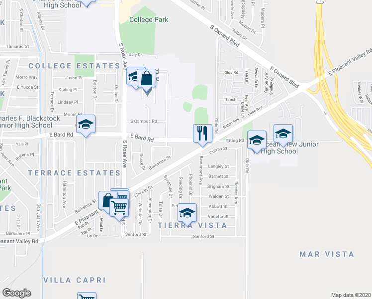 map of restaurants, bars, coffee shops, grocery stores, and more near 2065 East Bard Road in Oxnard