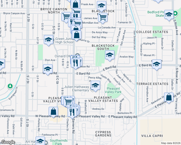 map of restaurants, bars, coffee shops, grocery stores, and more near 411 East Bard Road in Oxnard
