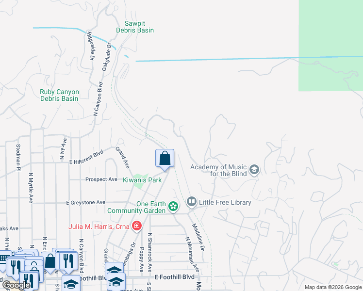 map of restaurants, bars, coffee shops, grocery stores, and more near 646 Norumbega Drive in Monrovia
