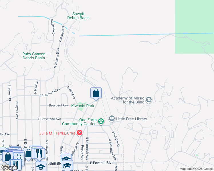 map of restaurants, bars, coffee shops, grocery stores, and more near 646 Norumbega Drive in Monrovia