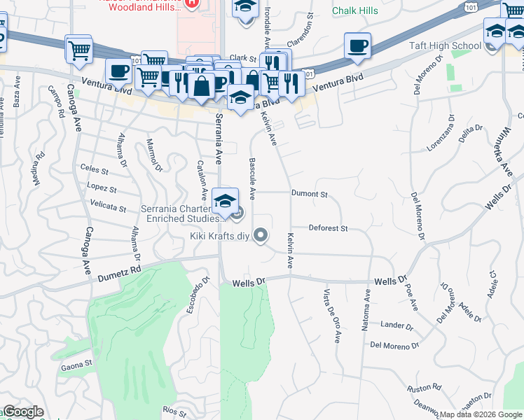 map of restaurants, bars, coffee shops, grocery stores, and more near 20743 Deforest Street in Los Angeles