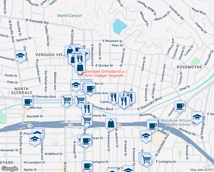 map of restaurants, bars, coffee shops, grocery stores, and more near 322 East Dryden Street in Glendale