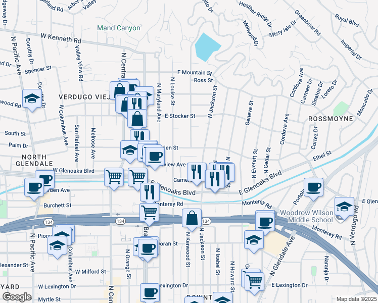 map of restaurants, bars, coffee shops, grocery stores, and more near 330 East Dryden Street in Glendale