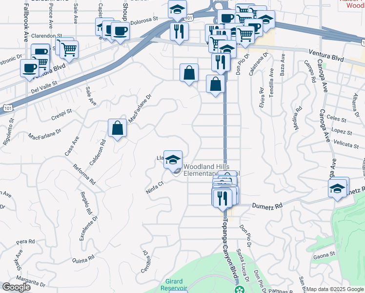 map of restaurants, bars, coffee shops, grocery stores, and more near 5099 Llano Drive in Los Angeles