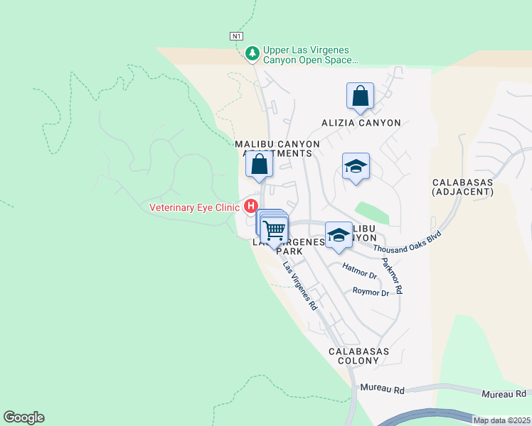 map of restaurants, bars, coffee shops, grocery stores, and more near 5736 Las Virgenes Road in Calabasas