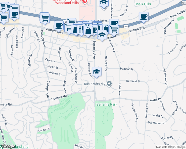 map of restaurants, bars, coffee shops, grocery stores, and more near 5019 Serrania Avenue in Los Angeles