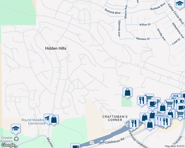 map of restaurants, bars, coffee shops, grocery stores, and more near 24317 Bridle Trail Road in Hidden Hills