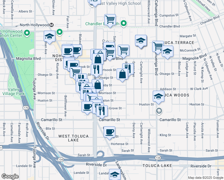 map of restaurants, bars, coffee shops, grocery stores, and more near 10857 Morrison Street in Los Angeles