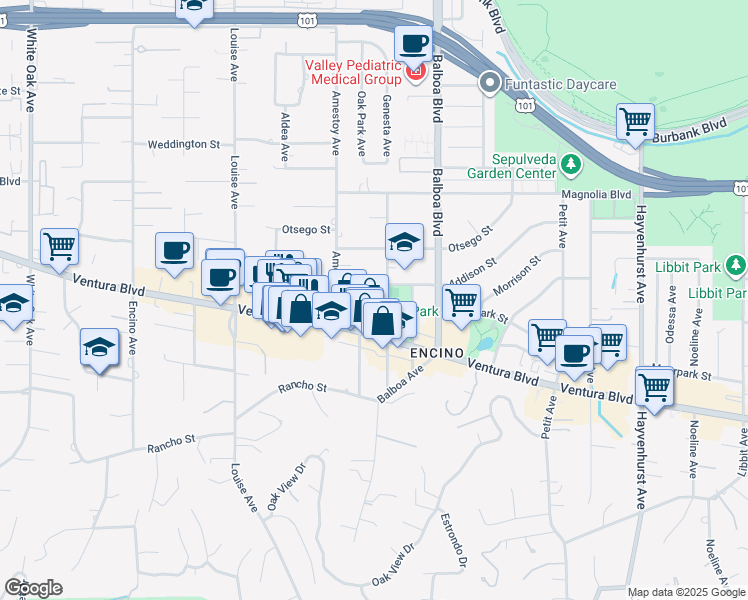 map of restaurants, bars, coffee shops, grocery stores, and more near 4949 Genesta Avenue in Los Angeles