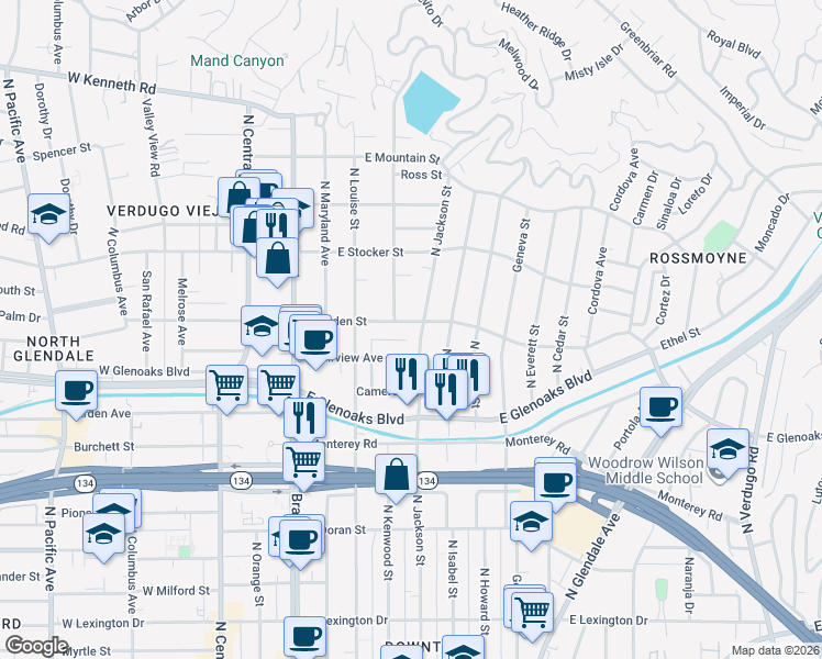 map of restaurants, bars, coffee shops, grocery stores, and more near 414 East Dryden Street in Glendale