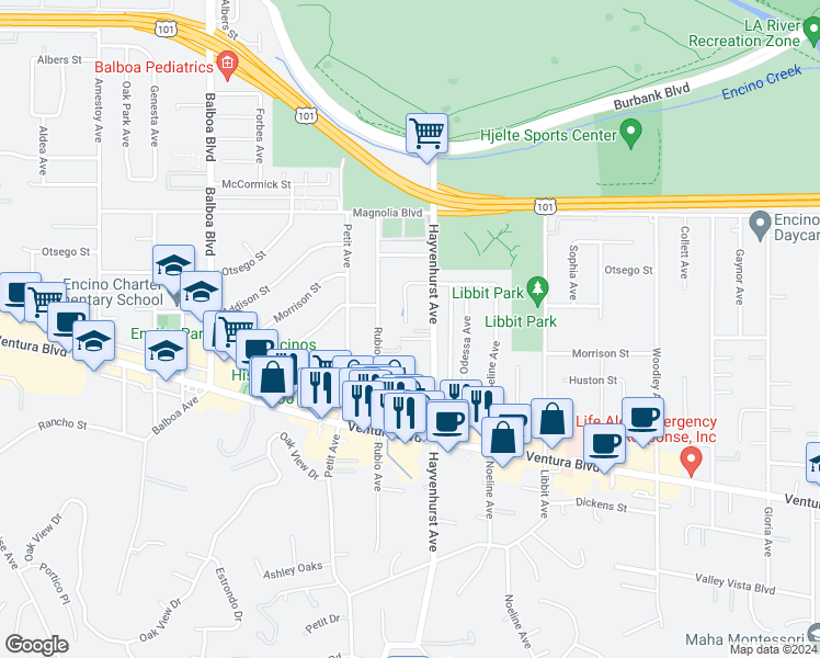 map of restaurants, bars, coffee shops, grocery stores, and more near 16523 Esprit Lane in Los Angeles