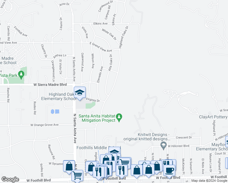 map of restaurants, bars, coffee shops, grocery stores, and more near 1668 Highland Oaks Drive in Arcadia