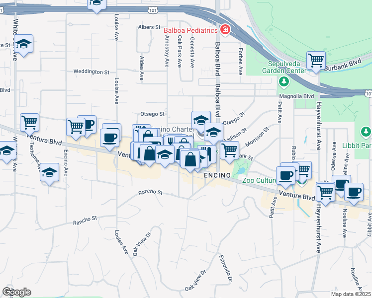 map of restaurants, bars, coffee shops, grocery stores, and more near 4949 Genesta Avenue in Los Angeles