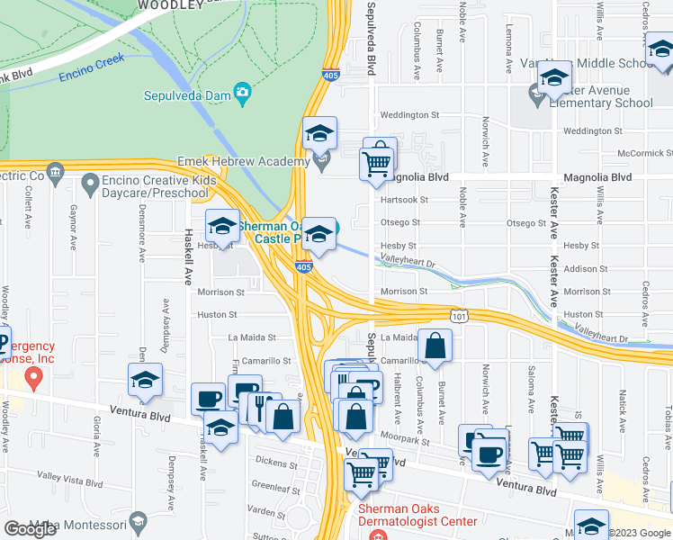 map of restaurants, bars, coffee shops, grocery stores, and more near 15335 Morrison Street in Los Angeles
