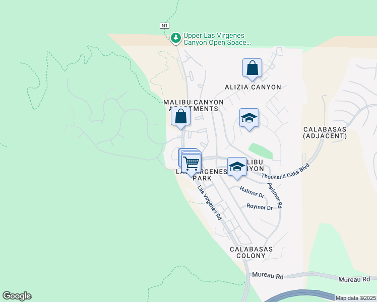 map of restaurants, bars, coffee shops, grocery stores, and more near 5736 Las Virgenes Road in Calabasas