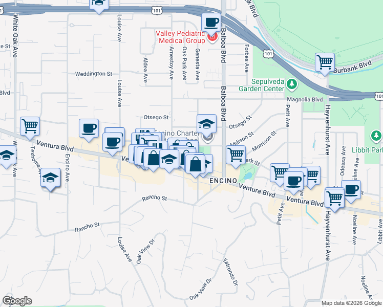 map of restaurants, bars, coffee shops, grocery stores, and more near 4949 Genesta Avenue in Los Angeles