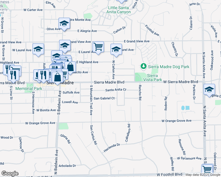 map of restaurants, bars, coffee shops, grocery stores, and more near 327 Santa Anita Court in Sierra Madre