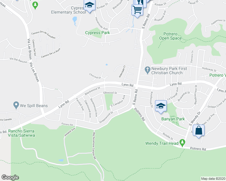 map of restaurants, bars, coffee shops, grocery stores, and more near 3953 Elkwood Street in Thousand Oaks