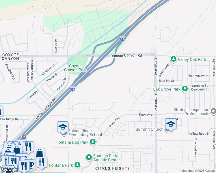 map of restaurants, bars, coffee shops, grocery stores, and more near 5183 Lytle Creek Road in Fontana