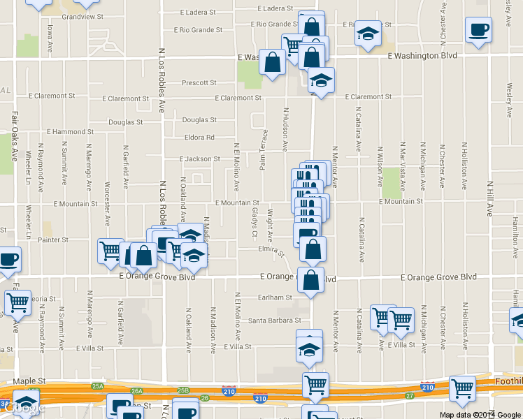 map of restaurants, bars, coffee shops, grocery stores, and more near 734 East Mountain Street in Pasadena