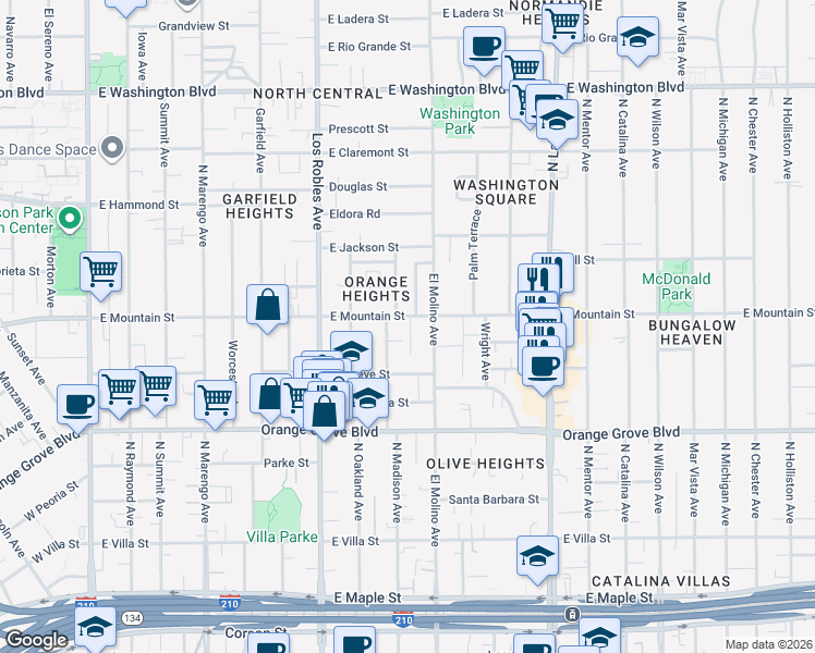 map of restaurants, bars, coffee shops, grocery stores, and more near 878 North Madison Avenue in Pasadena
