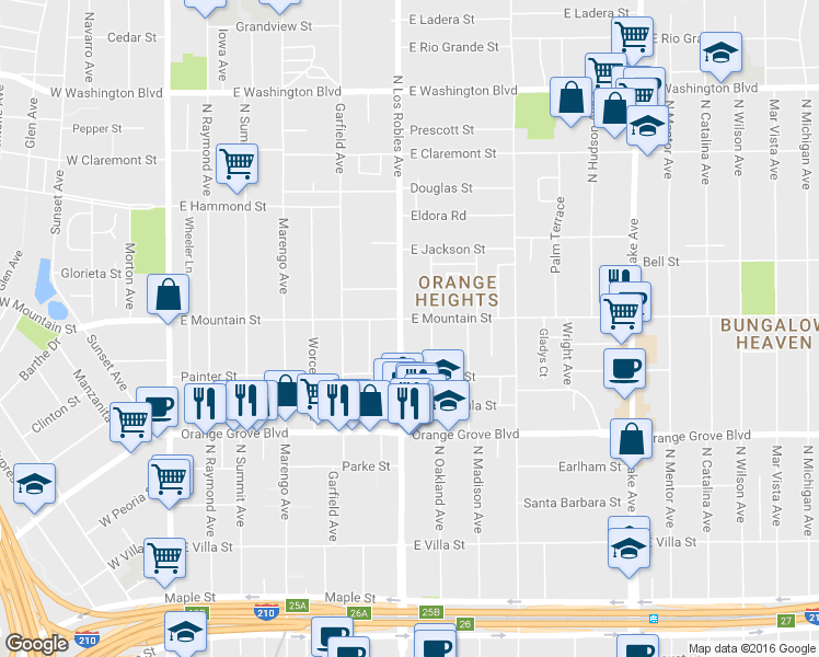 map of restaurants, bars, coffee shops, grocery stores, and more near 885 North Los Robles Avenue in Pasadena