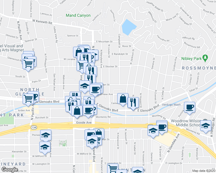 map of restaurants, bars, coffee shops, grocery stores, and more near 300 East Dryden Street in Glendale