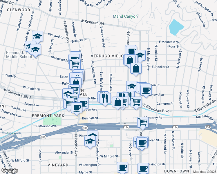 map of restaurants, bars, coffee shops, grocery stores, and more near 1025 Melrose Avenue in Glendale