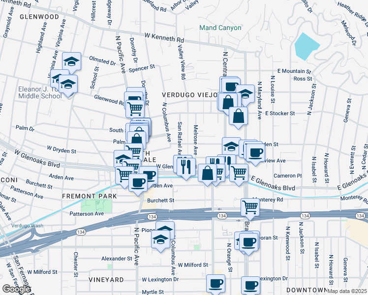 map of restaurants, bars, coffee shops, grocery stores, and more near 1025 Melrose Avenue in Glendale