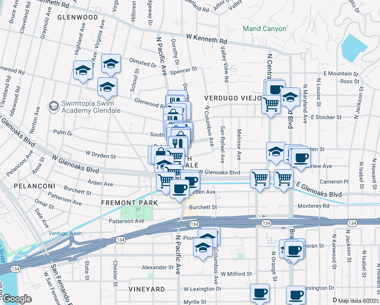 map of restaurants, bars, coffee shops, grocery stores, and more near 434 West Dryden Street in Glendale