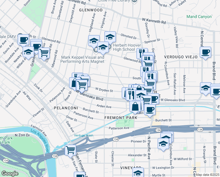 map of restaurants, bars, coffee shops, grocery stores, and more near 663 West Dryden Street in Glendale