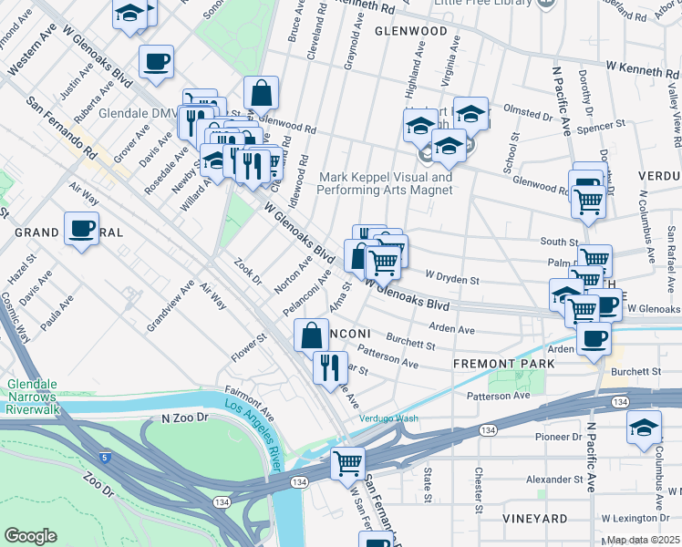 map of restaurants, bars, coffee shops, grocery stores, and more near 932 West Glenoaks Boulevard in Glendale