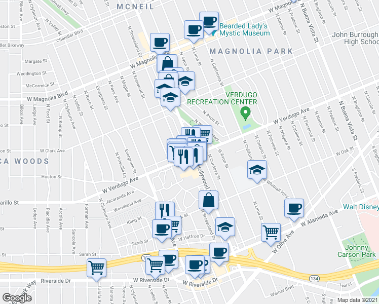 map of restaurants, bars, coffee shops, grocery stores, and more near 603 North Hollywood Way in Burbank