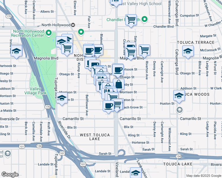 map of restaurants, bars, coffee shops, grocery stores, and more near 11014 Morrison Street in Los Angeles