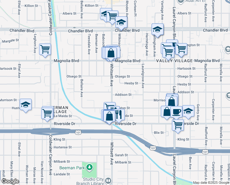 map of restaurants, bars, coffee shops, grocery stores, and more near 4955 Whitsett Avenue in Los Angeles