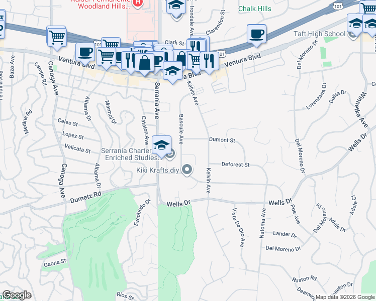 map of restaurants, bars, coffee shops, grocery stores, and more near 20743 Deforest Street in Los Angeles