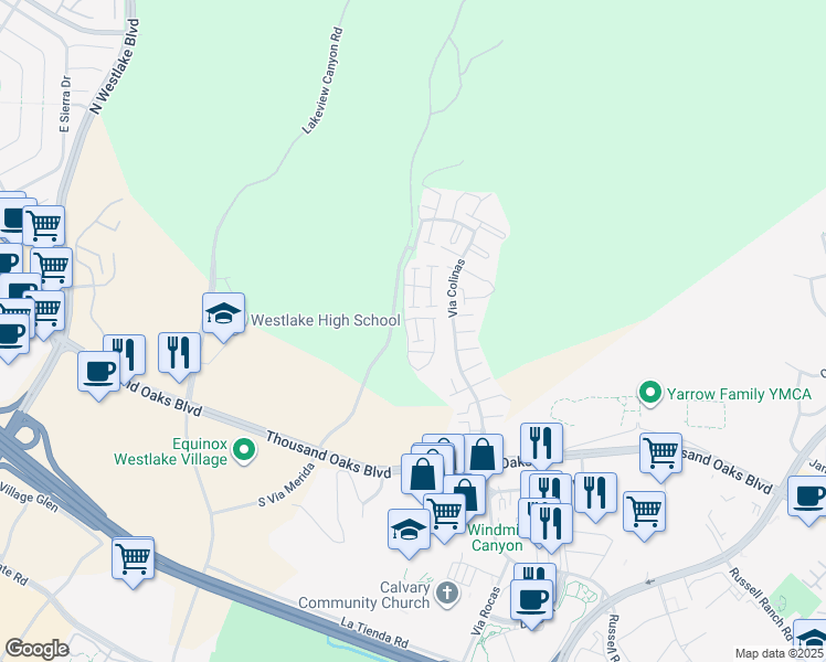 map of restaurants, bars, coffee shops, grocery stores, and more near 1019 Via Colinas in Westlake Village