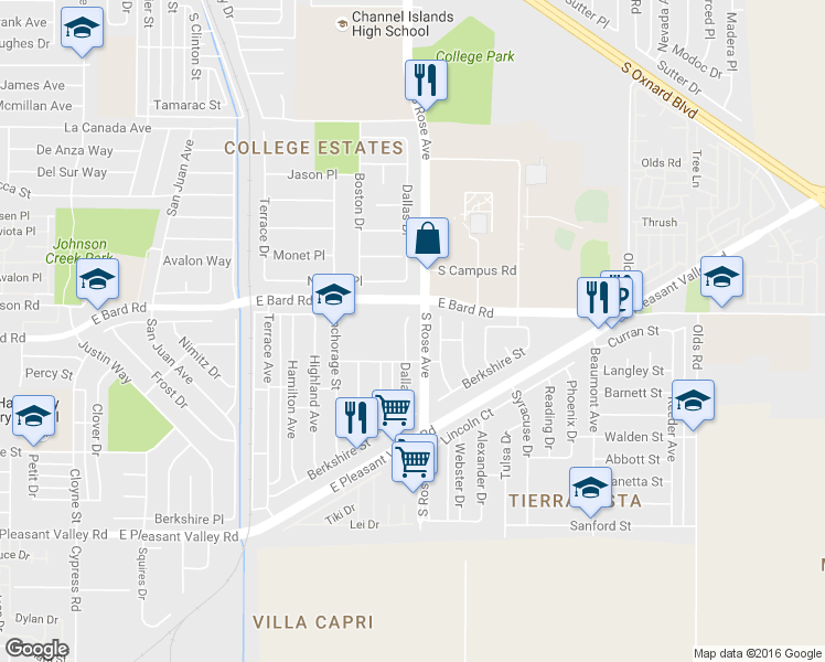 map of restaurants, bars, coffee shops, grocery stores, and more near 4300 Dallas Drive in Oxnard