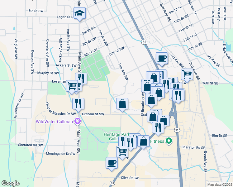map of restaurants, bars, coffee shops, grocery stores, and more near 1634 Lee Avenue Southwest in Cullman
