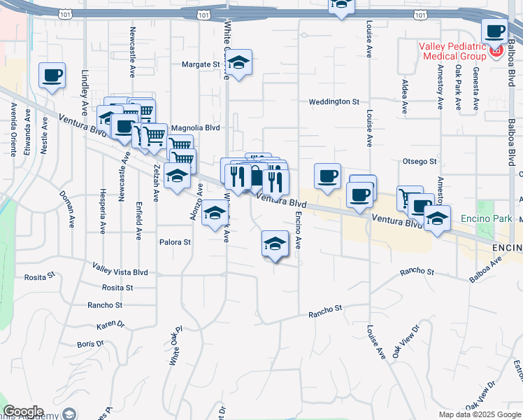 map of restaurants, bars, coffee shops, grocery stores, and more near 17605 Tarzana Street in Los Angeles
