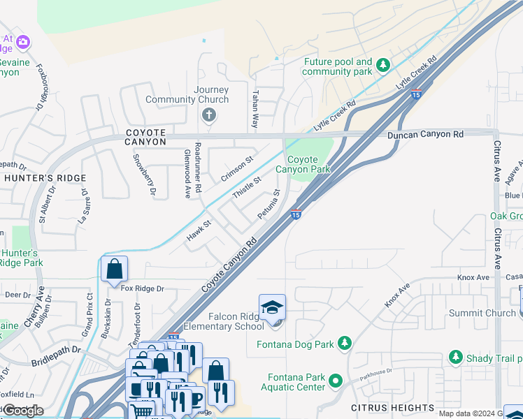 map of restaurants, bars, coffee shops, grocery stores, and more near 15432 Petunia Street in Fontana