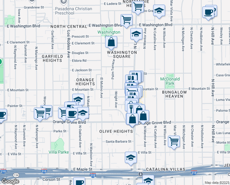 map of restaurants, bars, coffee shops, grocery stores, and more near 889 Wright Avenue in Pasadena