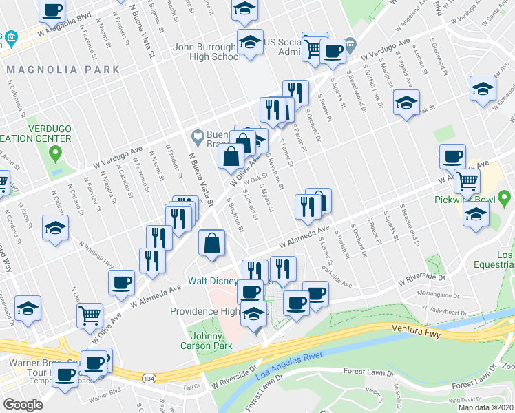 map of restaurants, bars, coffee shops, grocery stores, and more near 238 South Lincoln Street in Burbank