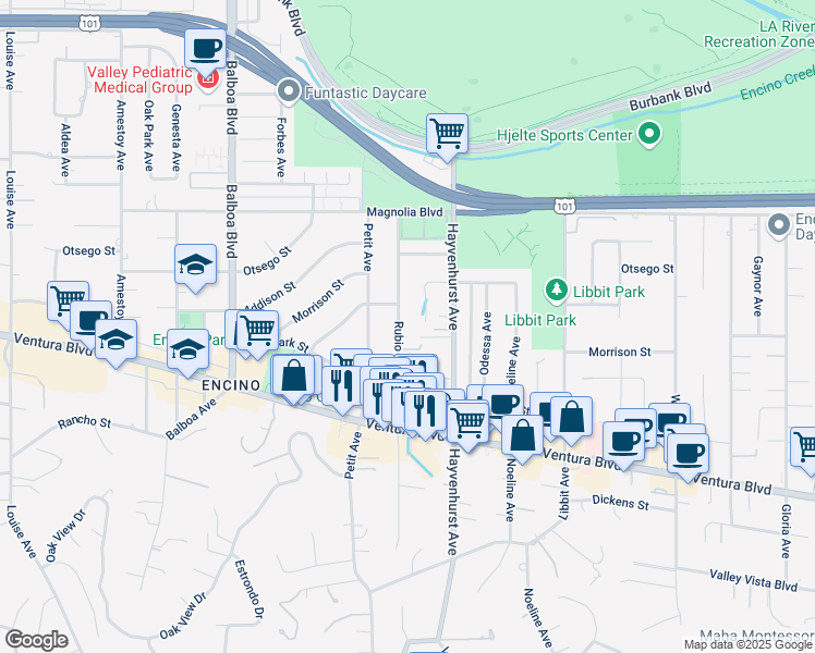 map of restaurants, bars, coffee shops, grocery stores, and more near 4952 Rubio Avenue in Los Angeles