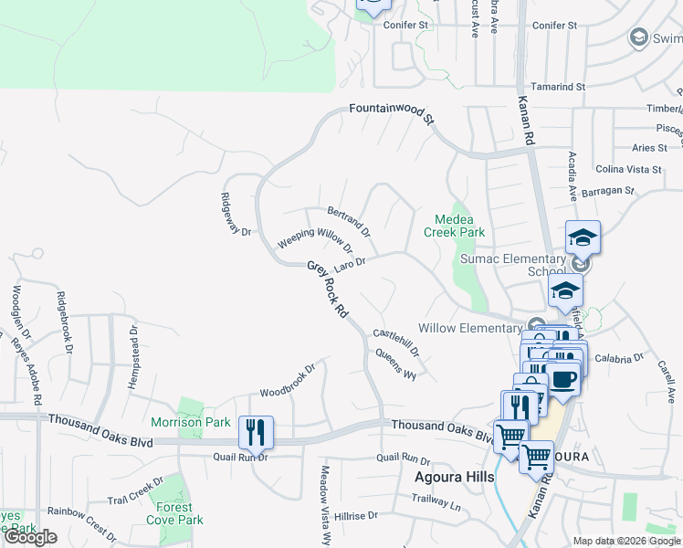 map of restaurants, bars, coffee shops, grocery stores, and more near 29366 Laro Drive in Agoura Hills