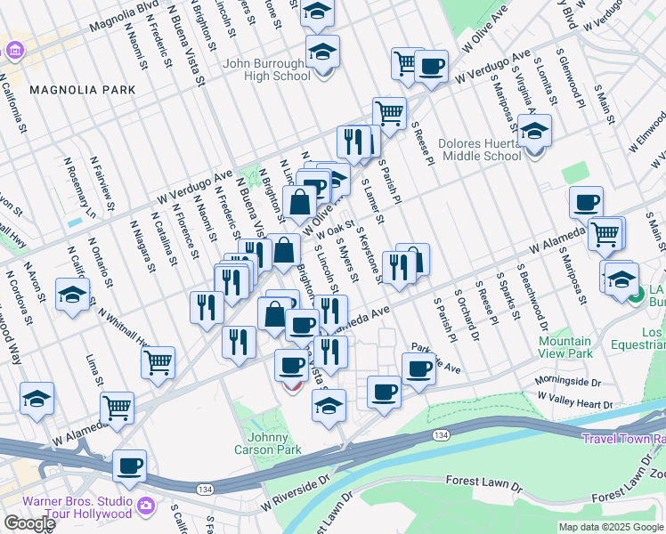 map of restaurants, bars, coffee shops, grocery stores, and more near 238 South Lincoln Street in Burbank