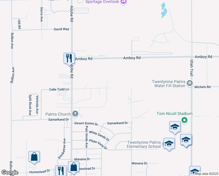 map of restaurants, bars, coffee shops, grocery stores, and more near 73949 Calle Todd Lane in Twentynine Palms