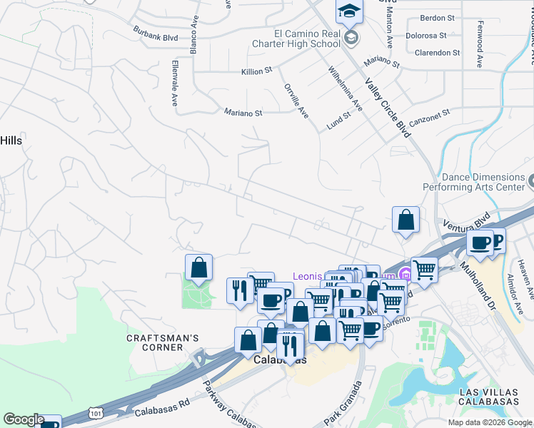 map of restaurants, bars, coffee shops, grocery stores, and more near 23908 Long Valley Road in Hidden Hills