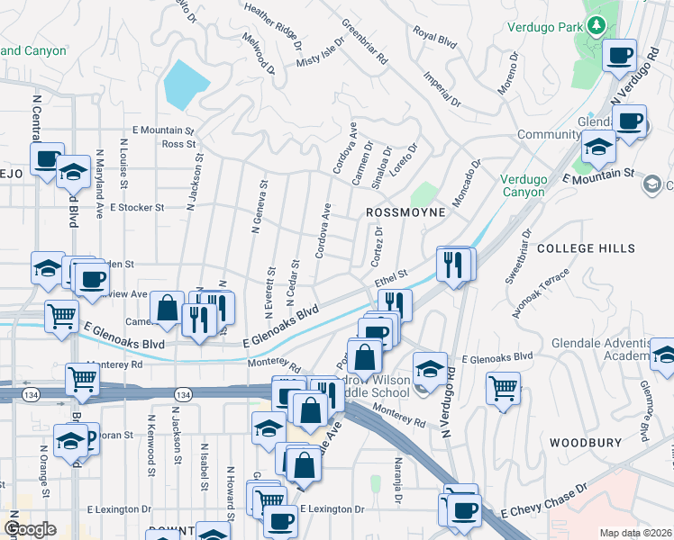 map of restaurants, bars, coffee shops, grocery stores, and more near 1017 Rossmoyne Avenue in Glendale